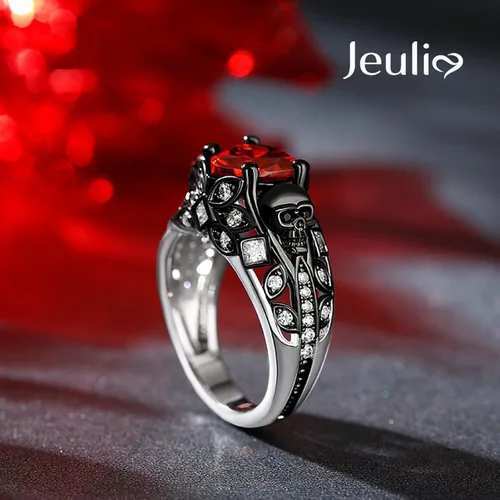 Vista 4 de Jeulia Juego de anillos de compromiso de calavera de 2.55 quilates, plata de ley con corte de corazón, diamantes rojos, anillos de rubí, circonita