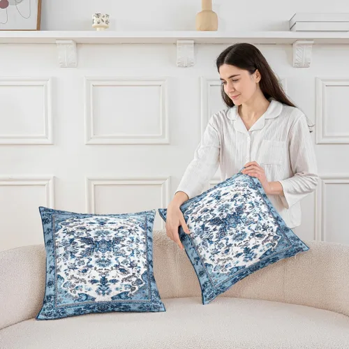 Vista 3 de Erosebridal Paquete de 2 fundas de almohada bohemias de 16 x 16 pulgadas, fundas de almohada de mandala azul turquesa, fundas de cojín retro