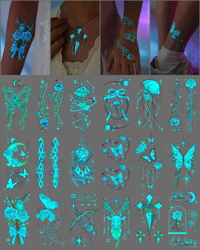 Vista 13 de 20 hojas de tatuajes temporales de mariposa que brillan en la oscuridad para mujeres, flores luminosas, mariposas, alas de tatuaje, calcomanías