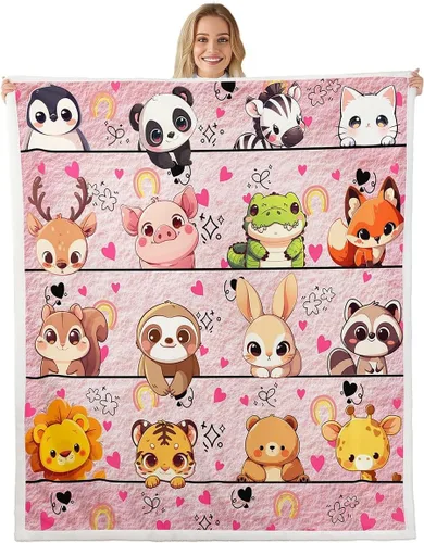 Vista 27 de Manta de franela de animales de dibujos animados para todas las estaciones, manta de cama azul con estampado de amor Kawaii para decoración
