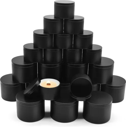 Vista 10 de Paquete de 12 tarros de velas, latas de velas de 4 onzas con tapas de impresión de grano de madera de metal, tarros de velas de metal vacíos