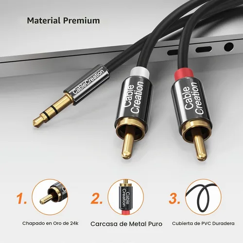 Vista 2 de Cablecreation Cable de audio RCA macho a cable macho de 3,5mm bifurcador en Y diseño para audio estéreo RCA, color negro, Negro