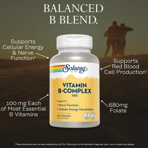 Vista 3 de SOLARAY Complejo de vitamina B de 100 mg – Energía celular, nervios y apoyo a la salud cardíaca – Suministra las 8 vitaminas del complejo B