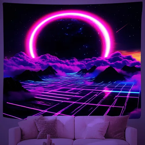 Vista 9 de QpaZynthy Tapiz de túnel de luz negra, tapiz de onda de vapor que brilla en la oscuridad, tapiz reactivo a los rayos UV, tapices de luz negra, neón