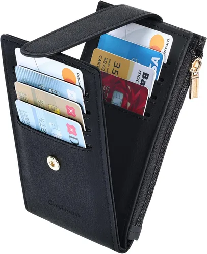 Vista 5 de Chelmon Cartera de mujer delgada con bloqueo RFID, billetera plegable con varios compartimientos para tarjetas con bolsillo con cremallera, Negro