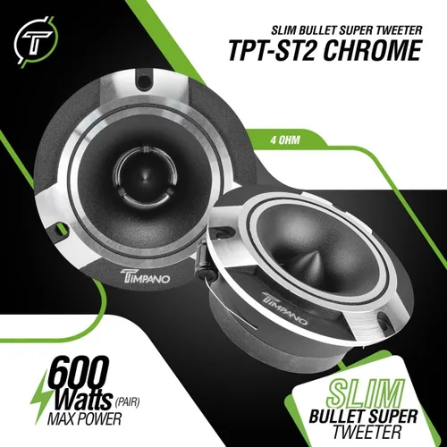 Vista 2 de Timpano TPT-ST2 Tweeter Super Slim de Cromo, 600 Vatios 4 Ohm, 105 dB, Bobina de voz de 1 pulgada, Tweeters Bullet de Sistema de Sonido para Coche