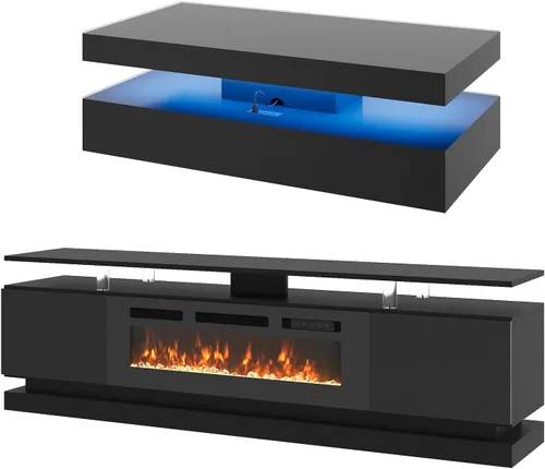Vista 4 de 2 Piece Modern Table Set Includes 70" Fireplace TV Stand & 47" Coffee Table with Charging Station and USB Ports, for Living Room, Black