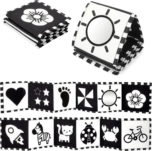 Vista 11 de URMYWO 10 piezas de juguetes de bebé blanco y negro de alto contraste para recién nacido, espejo de tiempo boca abajo, sonajero, mordedor, tarjetas