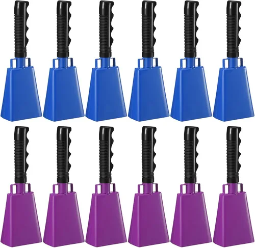 Vista 12 de Pelopy 12 campanas de vaca grandes de 9 pulgadas con mango para eventos deportivos, cencerros de percusión de mano, campanas de campana de animación
