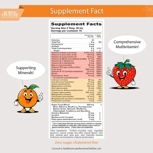 Vista 2 de Buried Treasure - Multivitamínico líquido diario para niños, 27 vitaminas y minerales con mezcla de superalimentos, sin azúcar, vegano, sabor