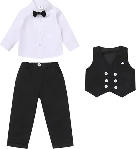 Vista 40 de IDOPIP Trajes de otoño e invierno para niños pequeños, camisa de manga larga con corbatín + chaleco + pantalones largos, overoles