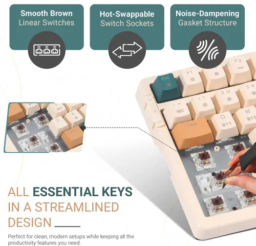 Vista 3 de Qisan Teclado mecánico inalámbricocon cable, triple modo 2.4GUSB-CBT teclado inalámbrico para juegos, 100 teclas (98%) diseño de EE. UU.