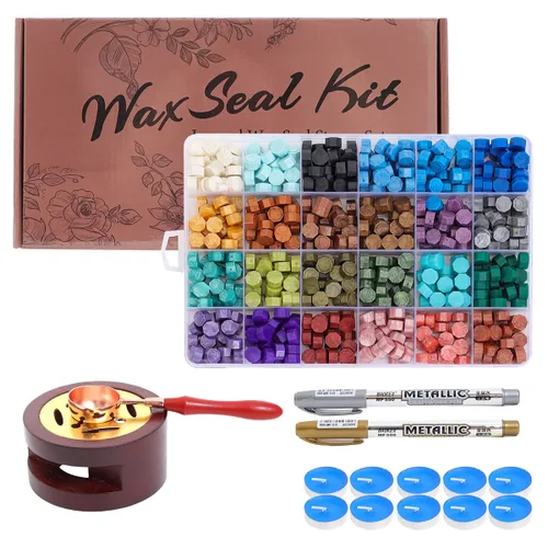 Vista 7 de Kit de sellos de cera – 630 cuentas de cera, caja de regalo, calentador, bolígrafos metálicos, sobres, juego de sellos para regalos y decoración