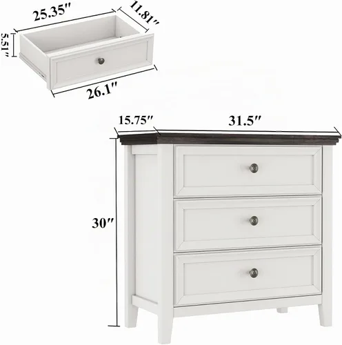Vista 2 de BOSHIRO Cómoda de granja de 3 cajones para dormitorio - 31.5" de ancho 3 cajones de almacenamiento como mesita de noche o cómoda de pie