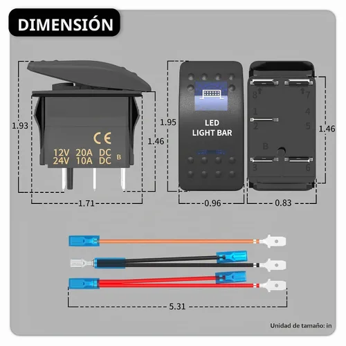 Vista 2 de DaierTek Interruptor basculante de barra de luz LED y luces traseras, interruptor basculante azul 12V/24V 20A/10A 5 pines marino con cables