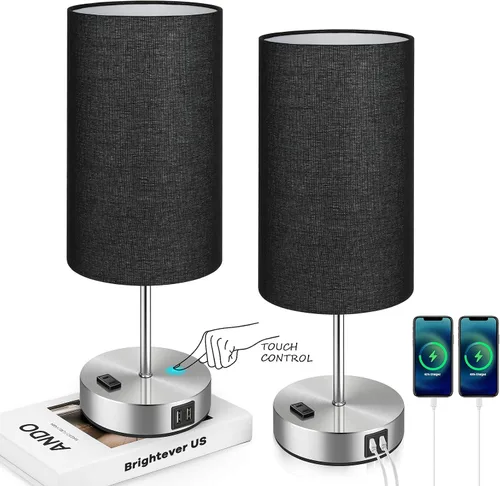 Vista 8 de Lámparas de mesita de noche con 2 puertos de carga USB y salida de CA, juego de 2 mesas de noche con base de madera de control táctil, lámparas Crema