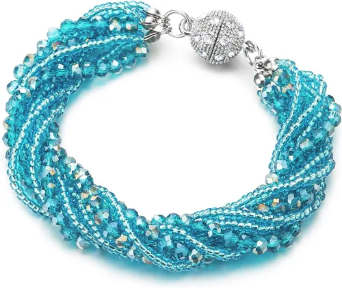 Vista 10 de COOLSTEELANDBEYOND Crystal Beads Multi-Strand Bracelet with Rhinestone Ball Charm Magnetic Clasp A-Color: plata y negro