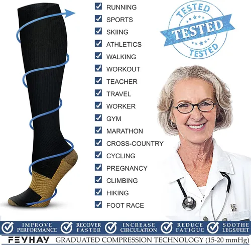 Vista 6 de FEYHAY Calcetines de compresión de cobre (3 pares) de 15-20 mmHg de circulación es la mejor atlética y diaria para hombres y mujeres, correr