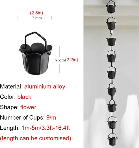 Vista 2 de Rain Chains 3.3ft-16.4ft Aluminium Alloy Rain Chain Black Powder Coated, Functional and Decorative Replacement for Gutter Downspouts(1m (3.3ft))