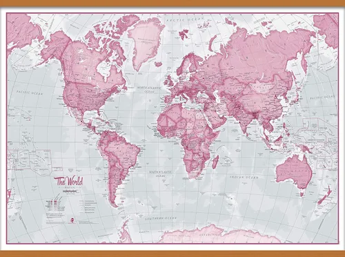 Vista 3 de Maps International Small The World is Art - Mapa de pared, laminado con barras colgantes de madera, 18 x 24 pulgadas Maps International - Pink