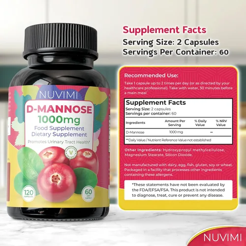 Vista 5 de D Manosa 120 cápsulas - 1000 mg por dosis - Suplemento dietético ayuda a promover la salud del tracto urinario - Defensa natural vegana