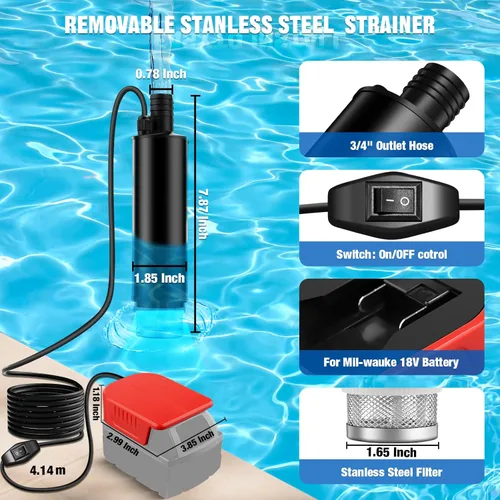 Vista 4 de Bomba de sumidero de agua inalámbrica para batería Milwaukee 18V M18, 635 GPH 120 W 12 V Bomba de transferencia de agua portátil, bomba eléctrica