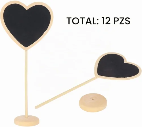 Vista 3 de 12 pizarras pequeñas con forma de corazón y soporte para tablero de mensajes, letreros pequeños de madera para bodas, fiestas de cumpleaños, números
