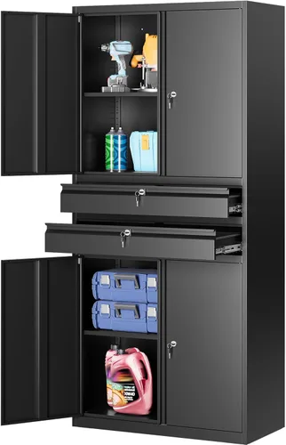 Vista 25 de SISESOL Gabinete de almacenamiento de metal ancho y profundo con ruedas, gabinete de almacenamiento de garaje alto rodante con cerradura, gabinetes