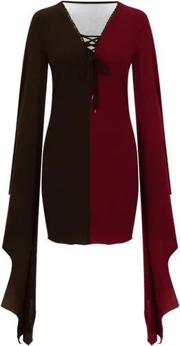 Vista 4 de Disfraces de Halloween para mujer, vestido sexy de manga murciélago, gótico, vintage, mini vestido cruzado, vestido de fiesta de manga larga