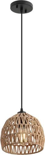 Vista 13 de JONATHAN Y Lámpara colgante LED de cuerda tejida bohemia moderna gris de 8.25 pulgadas, lámpara de techo de cúpula ajustable para isla de cocina