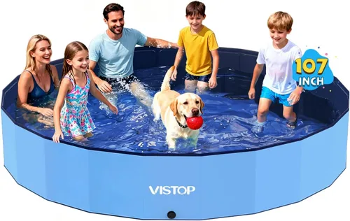 Vista 12 de VISTOP Piscina plegable para perros de 97 pulgadas con rociador, piscina grande de carcasa dura para mascotas, piscina plegable antideslizante