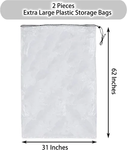 Vista 2 de Paquete de 2 fundas para bolsas de golf, 31 x 62 pulgadas, extra grandes, transparentes con cordón, bolsas de almacenamiento de plástico, buenas