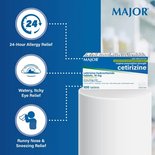 Vista 5 de MAJOR Tabletas de clorhidrato de cetirizina, alivio de alergias en interiores y exteriores las 24 horas para estornudos, ojos llorosos, picazón