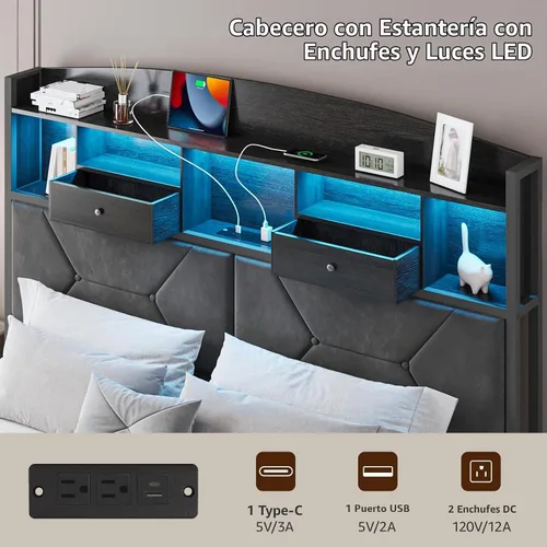 Vista 5 de DOGIBIXO - Marco de cama de tamaño matrimonial color negro con 4 almacenamientos, base de cama tapizada de terciopelo con cabecero capitoné
