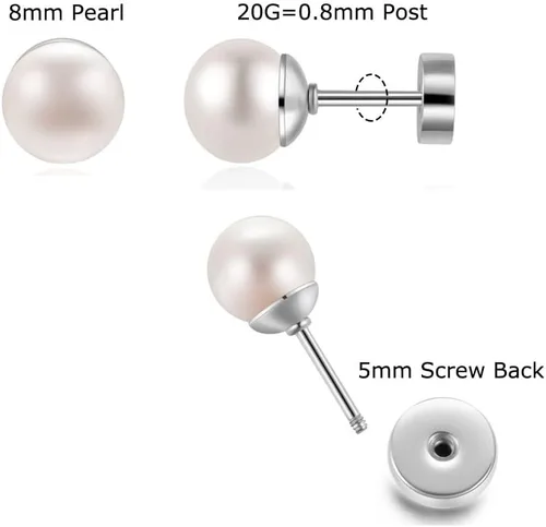 Vista 2 de Aretes de perlas de tuerca Renkovte para mujer, aretes planos de perlas con cierre de tuerca para hélice de cartílago, aretes de cartílago, joyería