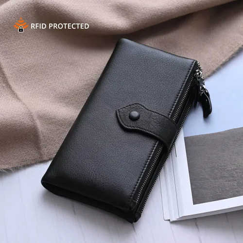 Vista 3 de Bveyzi - Cartera de cuero suave para mujer con bloqueo RFID, billetera plegable con doble cierre, porta-tarjetas para damas Soft, RFID Blocking