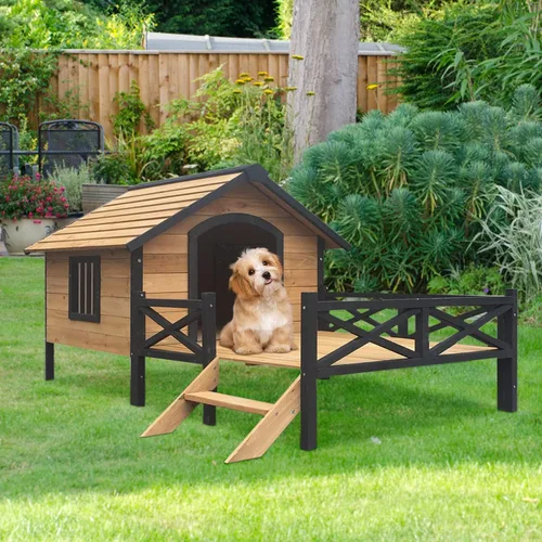 Vista 2 de Casa grande para perros al aire libre con porche: refugio elevado de madera para perros - Cabaña de madera resistente a la intemperie