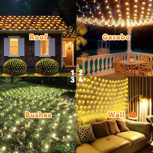 Vista 7 de LitHome Luces de red de Navidad de 14.8 x 5 pies, 300 luces LED de red blanca cálida, 8 modos de conexión, malla gigante impermeable de Navidad