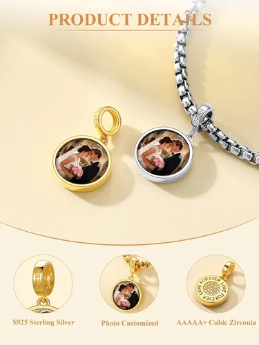 Vista 17 de Custom4U Photo Charms for Bracelets 925 Sterling Silver/Gold Plated Heart/Tree of Life/Round Charm Bead Personalized with Picture Custom
