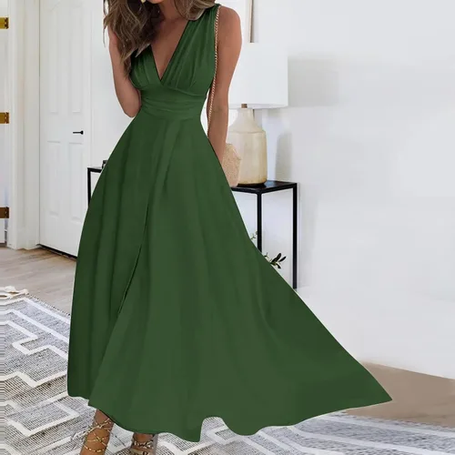 Vista 2 de Vestidos negros para mujer, estampado floral, color sólido, dobladillo fluido, vestido largo sin mangas, cuello en V, vestidos largos de fiesta