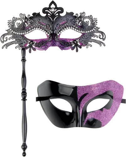 Vista 9 de IETANG Juego de máscaras venecianas de Mardi Gras para parejas con collar y pajarita