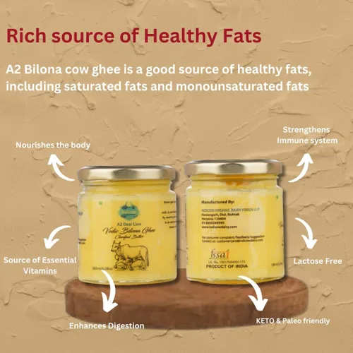 Vista 5 de Indicow Ghee de vaca A2 Desi (180ml (6.08oz), Ghee de vaca A2 (vacas Sahiwal)) Alimentado con pasto, criado en pastizales, grasa de mantequilla