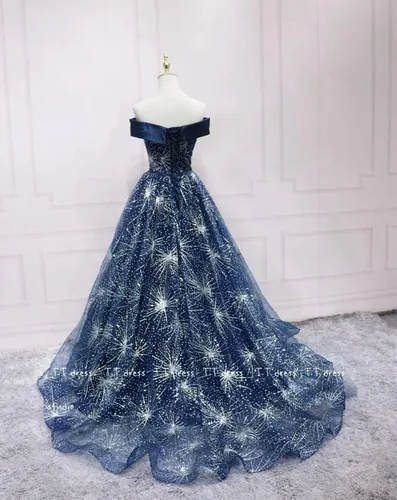Vista 3 de Vestido de quinceañera de noche con cordones para mujer, vestido de quinceañera de noche con cuentas azules, vestido de gala de 16 concursos de gala