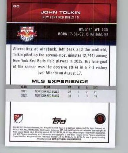 Vista 2 de 2023 Topps MLS Soccer Tile #60 John Tolkin Red Bulls Soccer Trading Card