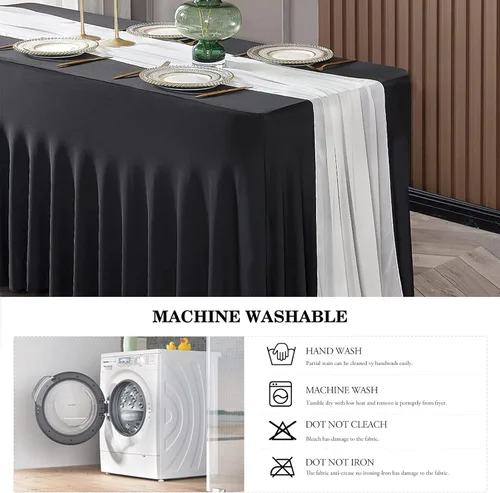 Vista 5 de Mantel de una pieza y falda para mesas rectangulares, mantel ajustable de elastano de 6 pies con falda de volantes para bodas, banquetes, baby Negro