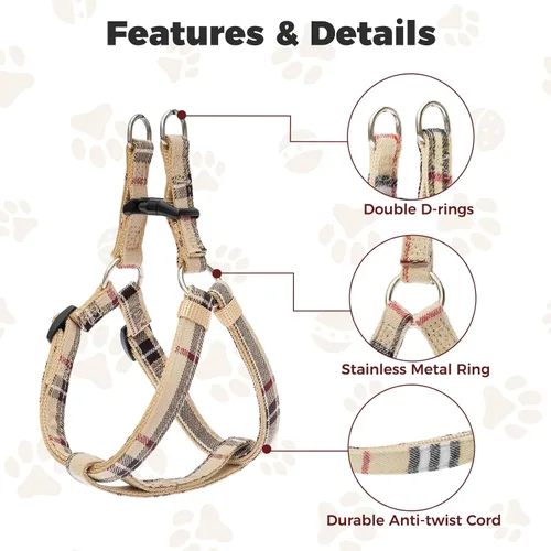 Vista 3 de Juego de arnés para perro con correa y collar de corbatín - Arnés para cachorro a cuadros beige, a prueba de escape, chaleco ajustable sin tirones