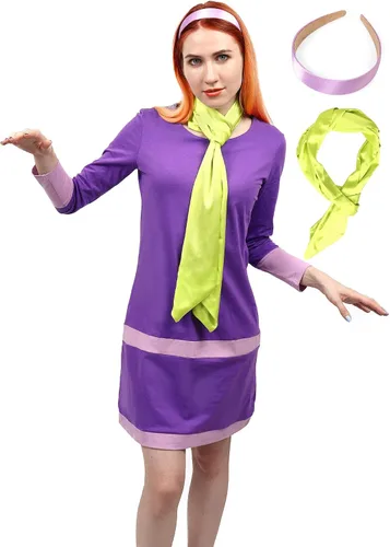 Vista 2 de DAZCOS Disfraz de anime para mujer, talla estadounidense, con bufanda y diadema, color morado