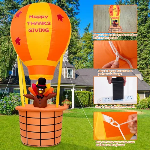 Vista 5 de Onory Inflables de Acción de Gracias de 7 pies para decoración al aire libre, globo inflable de aire caliente, pavo de Acción de Gracias con LED