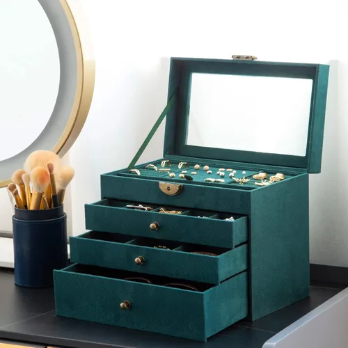Vista 2 de Somduy Joyero para mujeres y niñas 4 capas organizador de joyas vintage y caja de exhibición almacenamiento de collar de gran capacidad para aretes