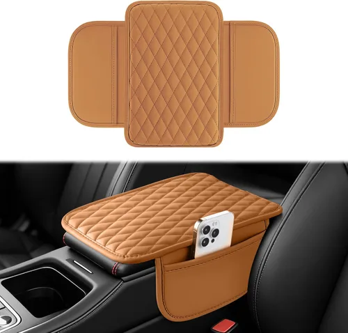 Vista 11 de Amiss Funda para consola central de automóvil, cojín de reposabrazos de automóvil de cuero mejorado con 2 bolsillos de almacenamiento, almohadilla